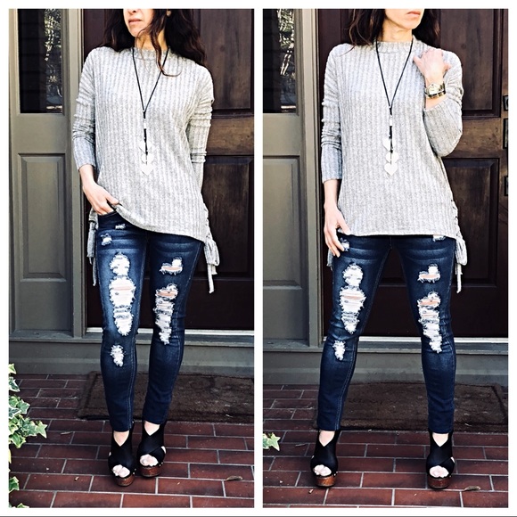 Soft brushed fabric side lace up L/sleeve top - Picture 3 of 8